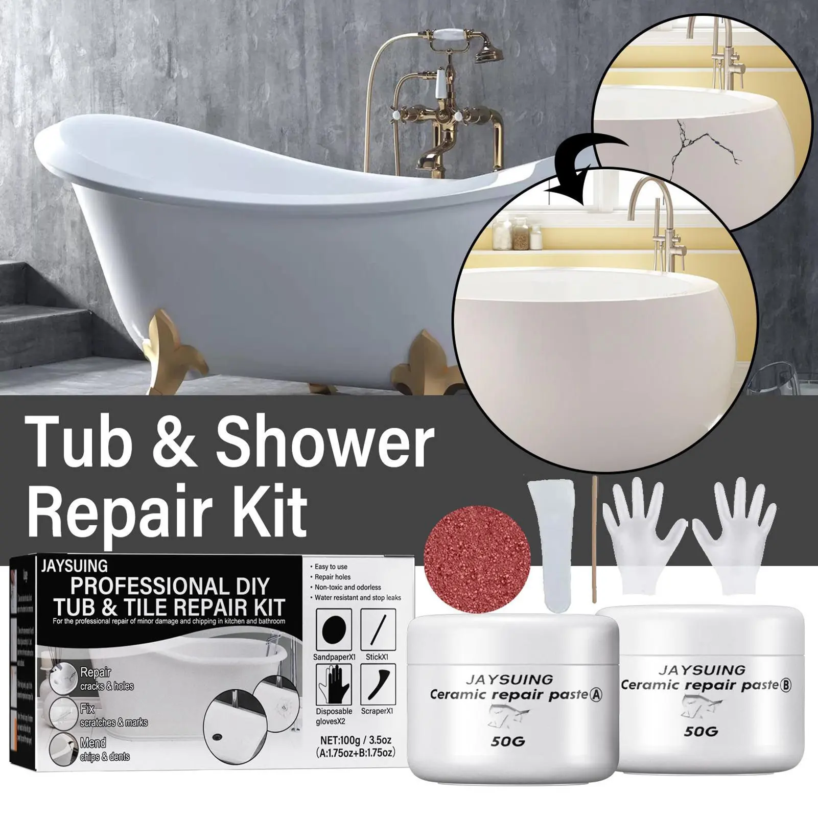 

Porcelain Repair Kit Tub Tile And Shower Repair Kit Fiberglass Repair Kit For Cracked Bathtub Scratches Shower And Countertop