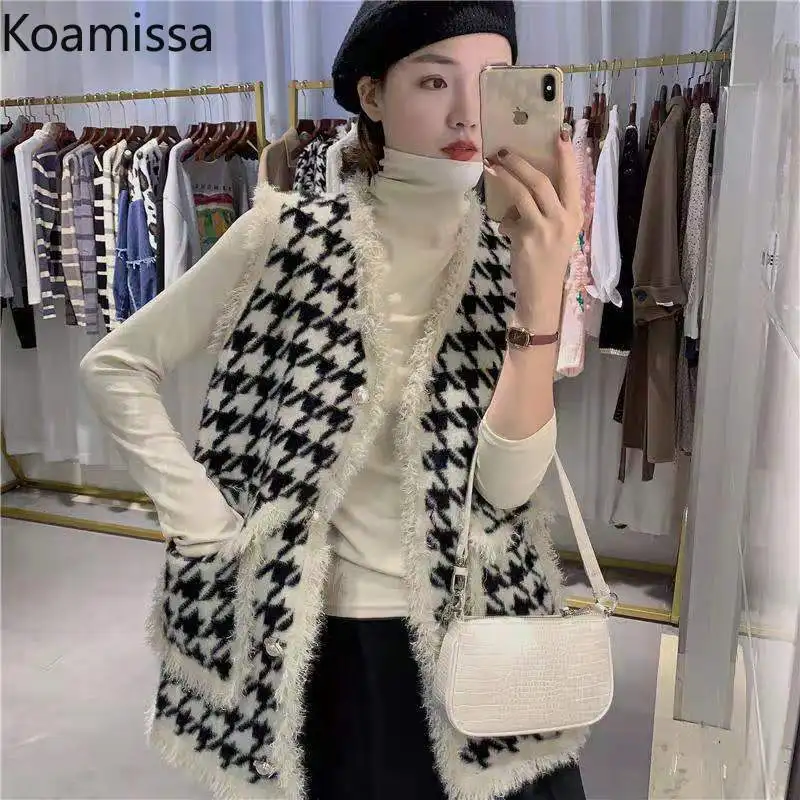 

Koamissa Office Lady Spring Vest Plaid Women Fashion Retro Loose Elegant Camis Single Breasted Outwear Tops All Match Tanks