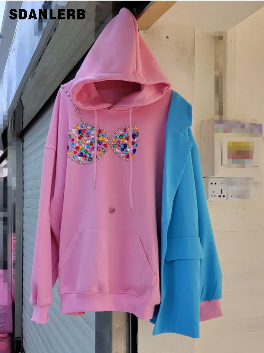 

Spring Autumn New Exquisite Rhinestone Stitching Suit Design Sense Loose Lazy Style Hooded Sweatshirt Women's Fashion Hoodies