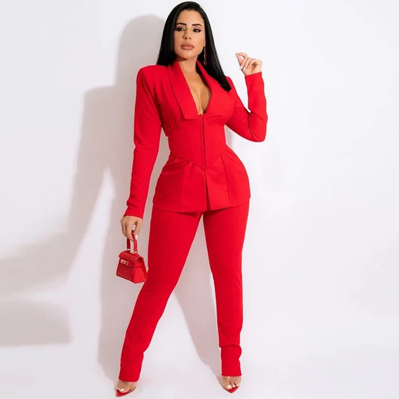 Elegant Office Lady 2 Piece Sets Womens Outfits Corset Blazer Coat and Pencil Pants Business Suit Work Wear Matching Set Uniform