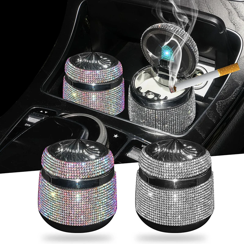 

Portable Ashtray with Lid for Car, Bling Crystal Rhinestones Ash Holder LED Blue Light Smell Proof Smokeless Ashtray Container