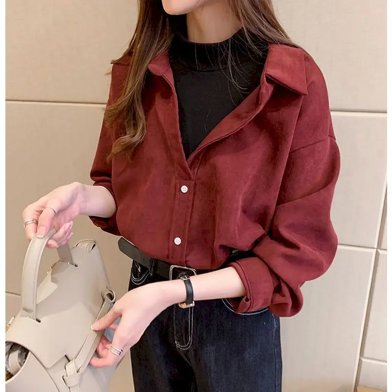 

Vintage Fake Two-piece Blouse Women's Autumn and Winter 2022 New Design Sense Casual Top Layered with Corduroy Bottoming Shirts