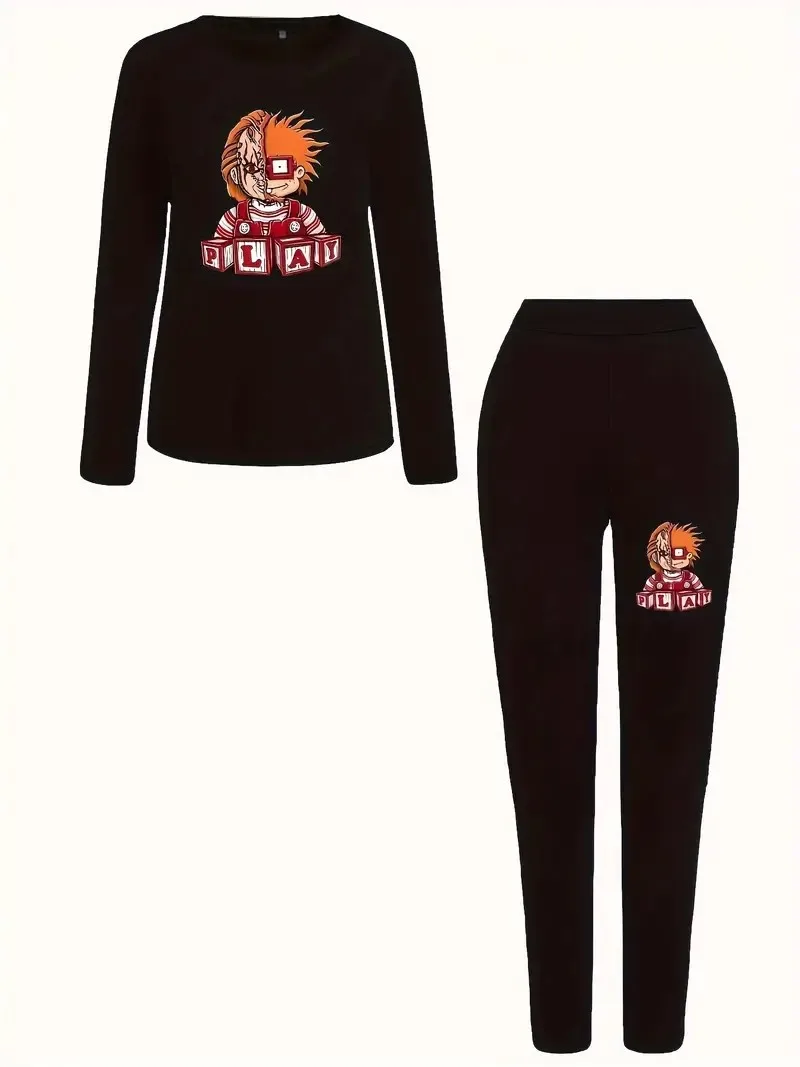 Женский спортивный костюм с коротким рукавом топ круглым вырезом и брюки принтом