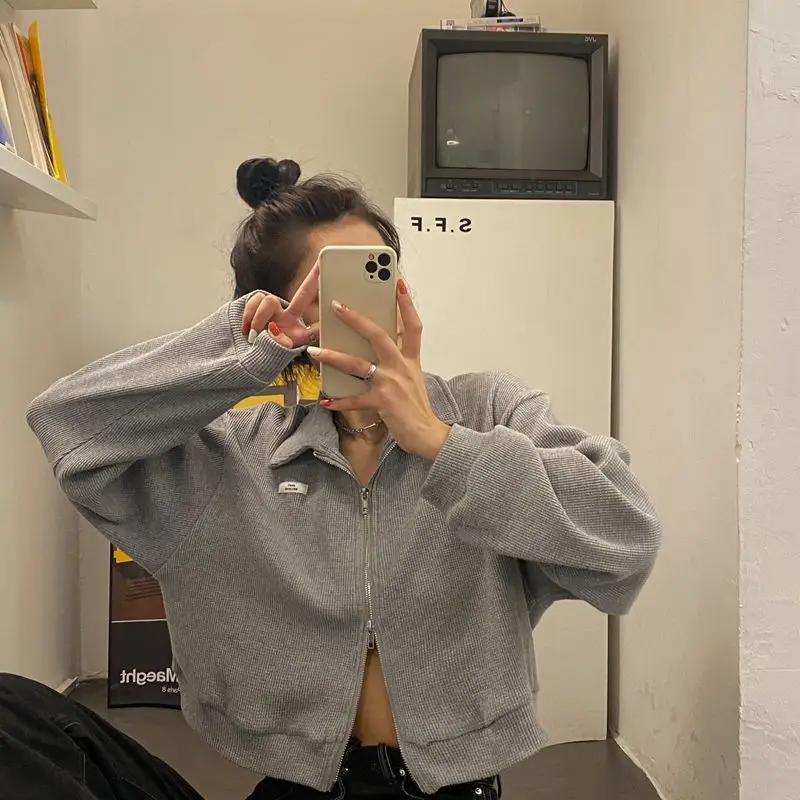 

Sweatshirts Women Zipper Turn-down Collar Solid Cropped Loose Streetwear Harajuku Casual All-match Stylish Female Vintage Cozy