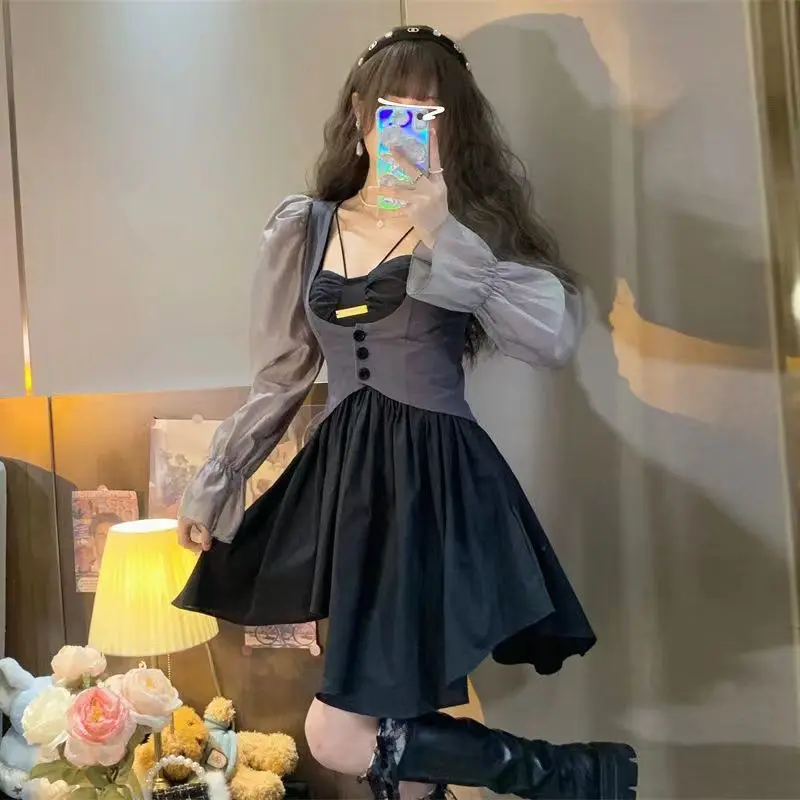 

Summer Autumn Women's Mini Dress 2022 New Korean Fashion Patchwork Puff Sleeve Black A-Line Sweet Dresses Clothing
