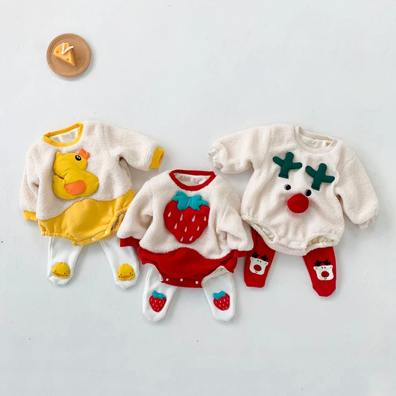 

Toddler Baby Girl Christmas Romper Suit Winter Cartoon Elk Plush Bodysuit Leggings Set for Infants Cotton Cute Kids Boys Clothes