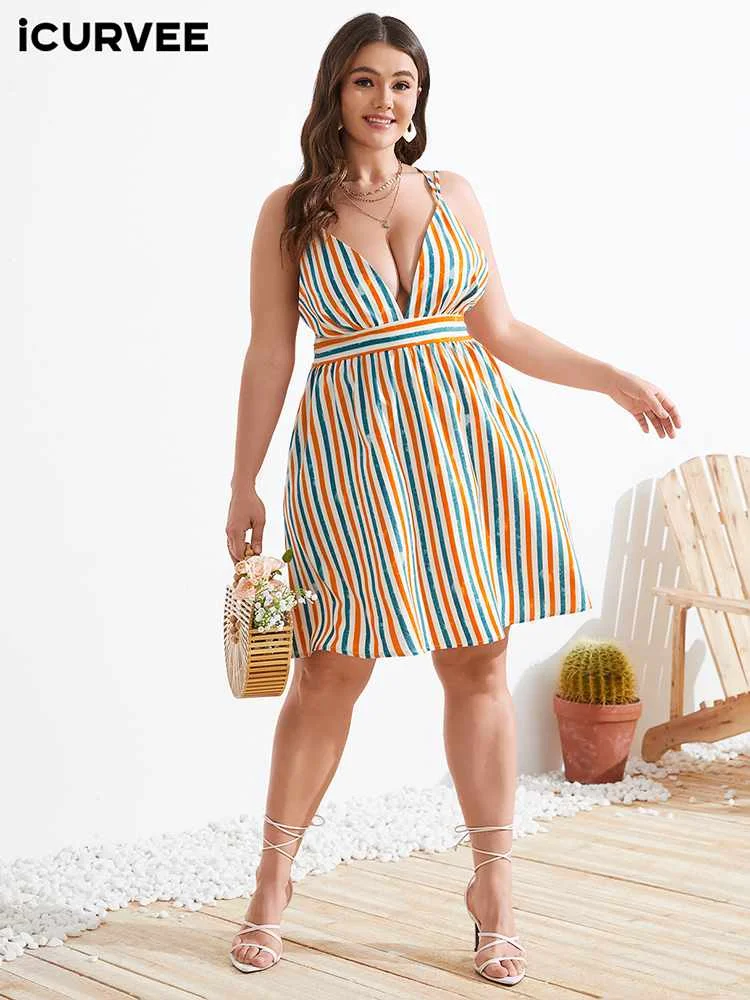 

ICURVEE Plus Size Bohemian Striped Sundress 2022 Women Summer Deep V Neck Sleeveless Straps Mini Dress Casual Party Beach Robe