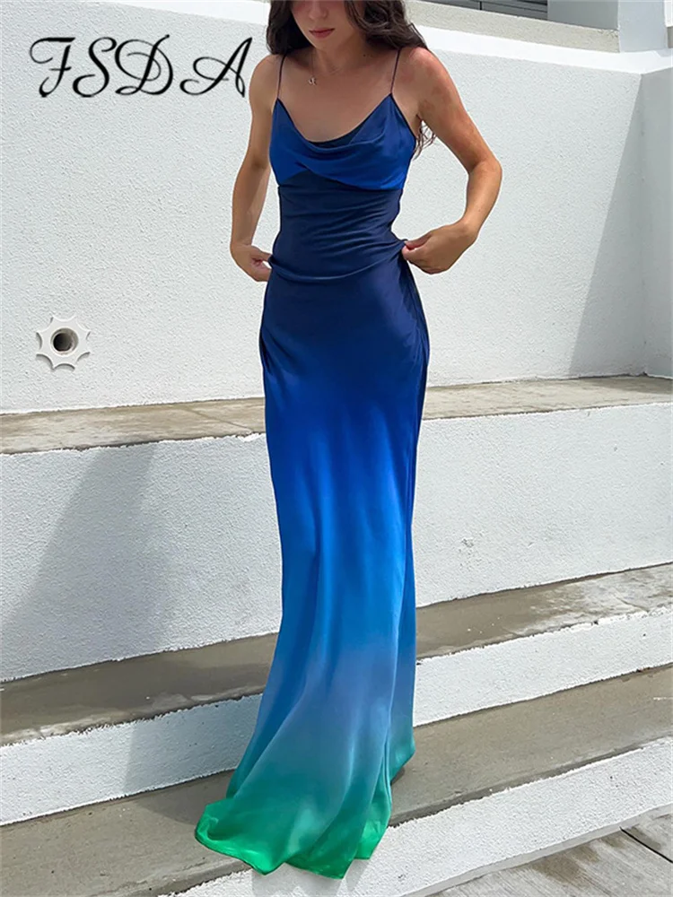 

FSDA Satin Print Swinging Neck Spaghetti Strap Maxi Bodycon Dress Summer Women Sexy Backelss Tie Dye Beach Dresses Holiday