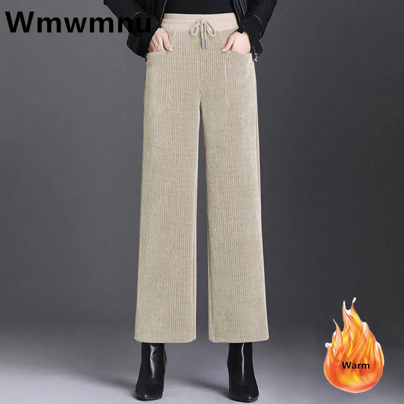 

Women Winter Thicken Plus Velvet Ankle-length Straight Pantalons Korean Oversize 5xl Casual Wide-leg Pants Warm Lace-up trousers