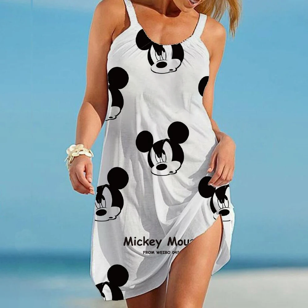 

Summer Disney Minnie Mickey Mouse Women Sexy Beach Dresses 3D Tie Dye Rainbow Suspenders Vintage Beachwear Fashion Party Dress