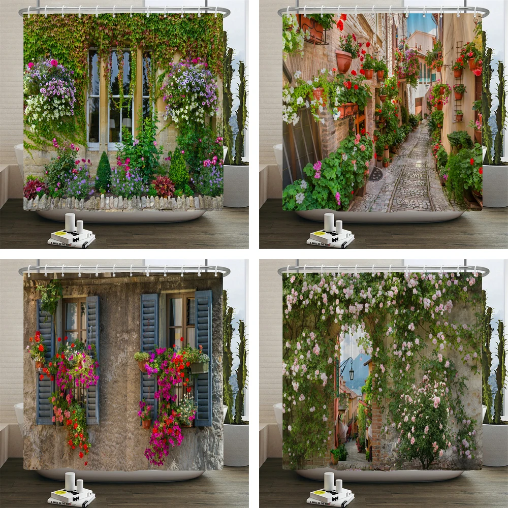 

Home Wall Decor Shower Curtain 3D European Building Garden Flowers Patio Landscape Waterproof Polyester Bedroom Bathroom Curtain