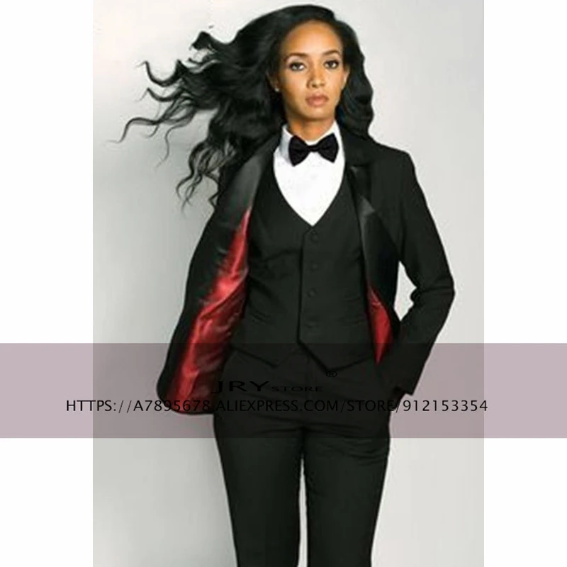 Women's 3-piece Office Slim Work Wear Business Party Tuxedo Black Blazer + Pants + Vest