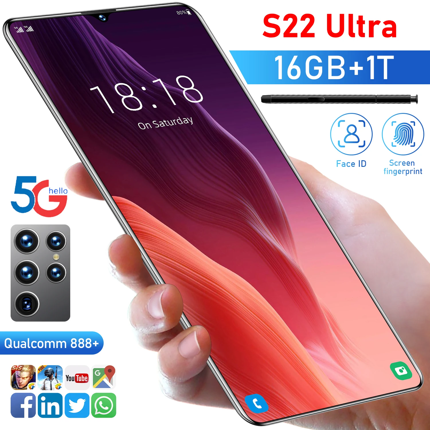 

Celular S22 Ultra Smartphone Original 16GB+1TB Andriod Cellphones 6800mAh 64MP 5G Network Unlocked Mobile Phones Global Version