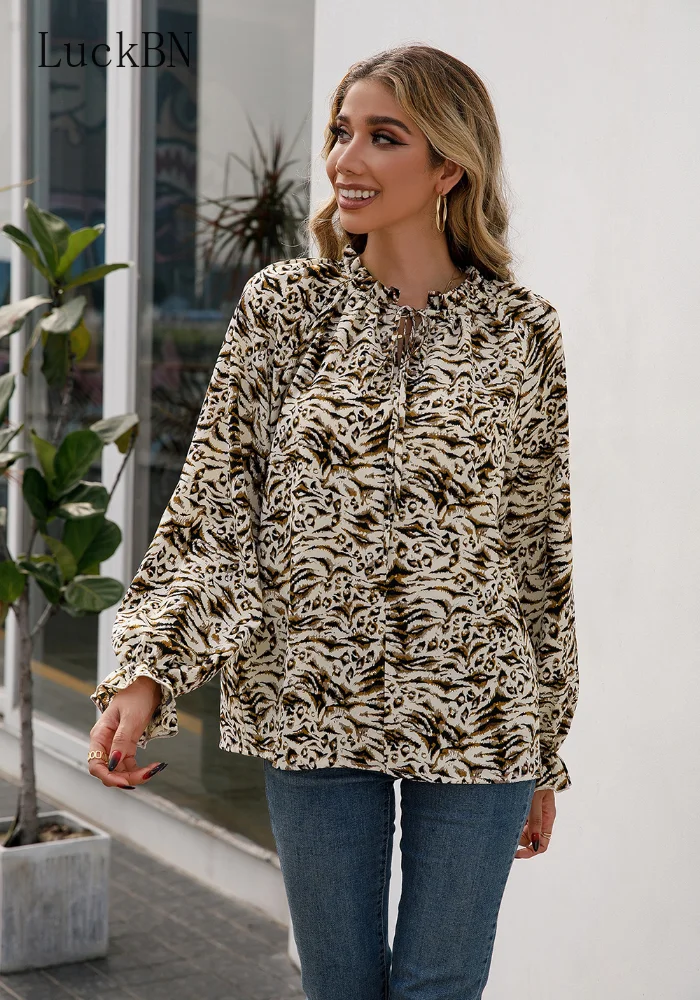 

Блузка женская с леопардовым принтом, модная офисная Рабочая Рубашка с воротником-стойкой и длинным рукавом, повседневная Элегантная Дамск...
