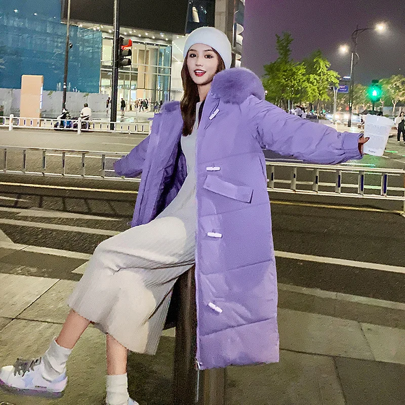 2022 Winter New Women Long Over-the-knee Down Jacket Design Single-breasted Plus Velvet Warm Big Fur Collar Black Hooded Coats