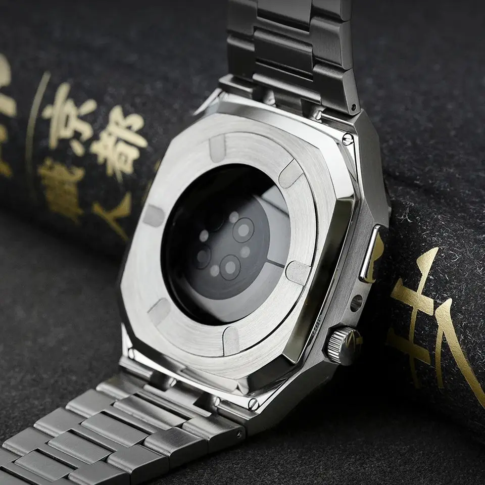 Фото Роскошный модификационный комплект 2025 для Apple Watch Series 11 10 46 мм 45 мм, металлический ремешок из нержавеющей стали для iWatch DIY Mod Kit, безель, чехол №2