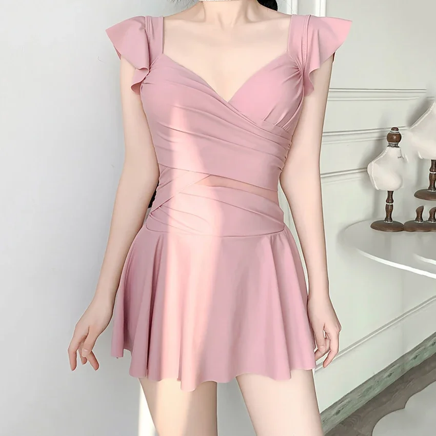 Цельный купальник корейский женский однотонный купальный костюм сексуальный