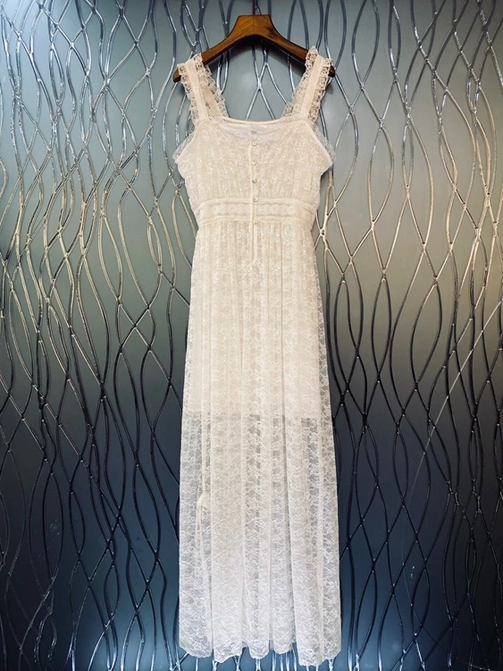 

2022 new women Fashion Sleeveless Square Neck Slim Fairy Sling Dress Lace Long Dress Feminine Dress 721