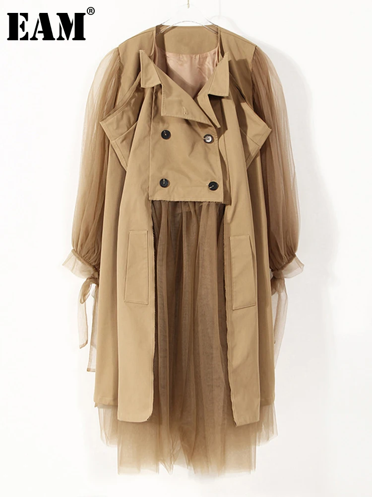 

[EAM] Women Khaki Mesh Irregular Belted Big Size Trench New V-collar Long Sleeve Windbreaker Fashion Spring Autumn 2023 1DE3800