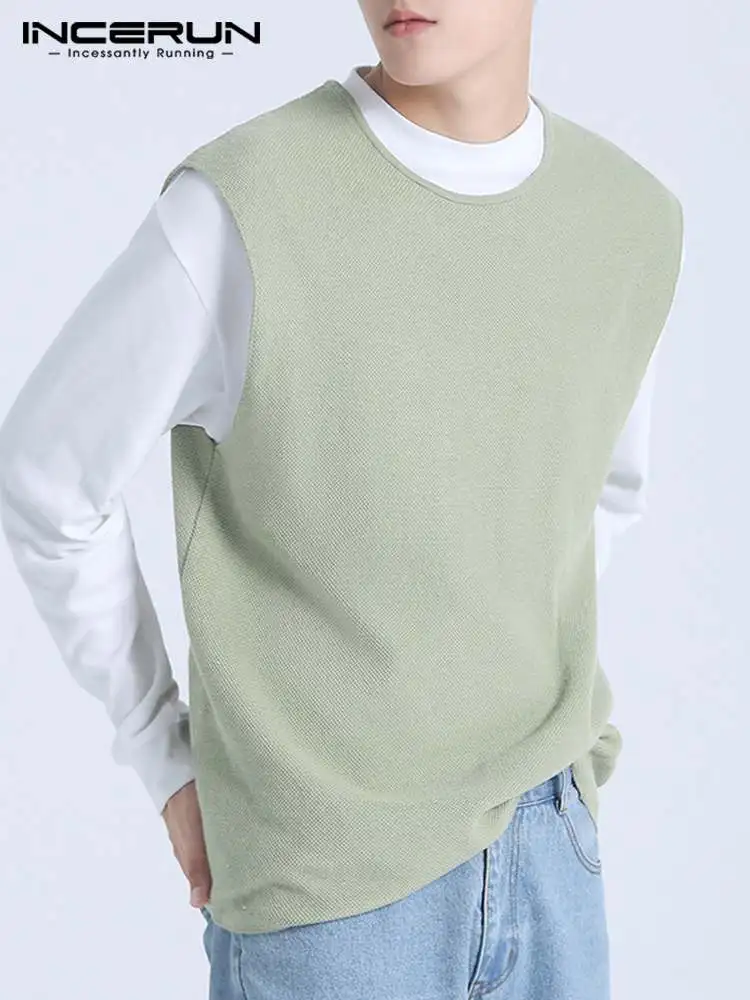 

Fashion Casual Style New Men Tops Hot Sale Solid Textured Waistcoat INCERUN Streetwear Stylish Loose Knitted Layered Vests S-5XL