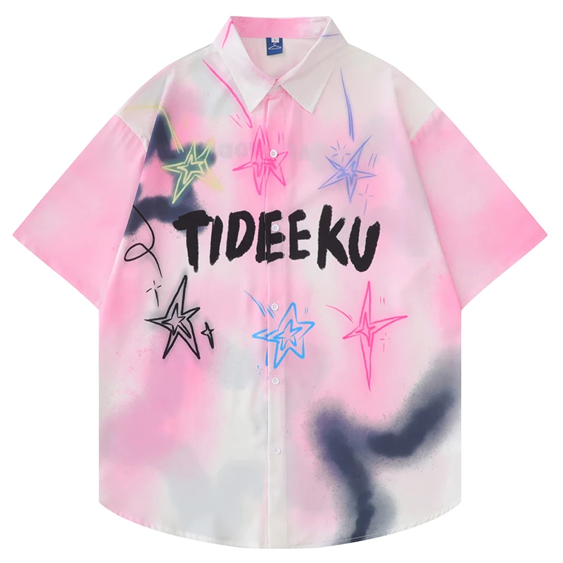 

Summer Men Button Hawaiian Beach Shirt Hip Hop Tie Dye Colored Graphic Letter Blouses Streetwear Harajuku Fashion Aloha Shirts