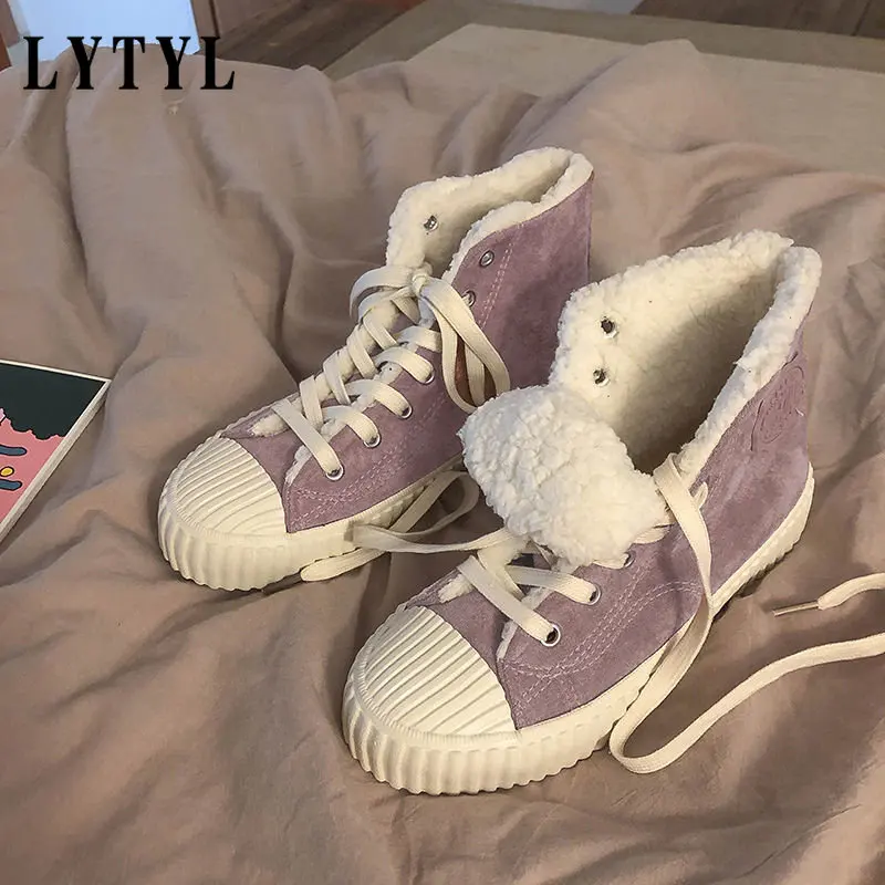 

Женские парусиновые туфли Harajuku с высоким верхом, на шнуровке, зимние женские кроссовки с бархатной плоской подошвой, универсальная обувь из...