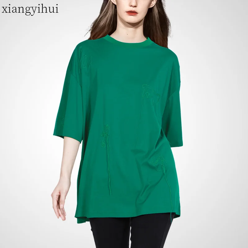 

Pure Cotton Green Loose T-shirt Fashion 3/4 Sleeve All Match Casual Top Tee 2022 Summer New Lazy Lady Outwear Embroidery T shirt