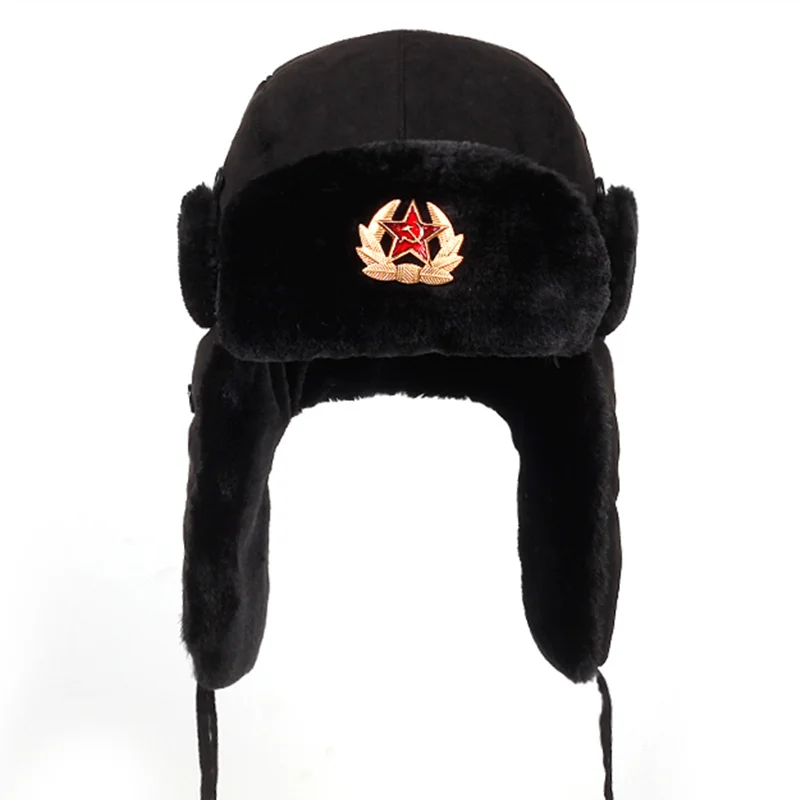 

Soviet Army Military Badge Russia Ushanka Bomber Hats Pilot Trapper Aviator Cap Winter Faux Rabbit Fur Earflap Snow Caps hat