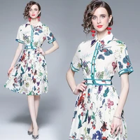 spring and summer new high end temperament womens polo neck short sleeve middle waist fashion printed a line dress with lining
