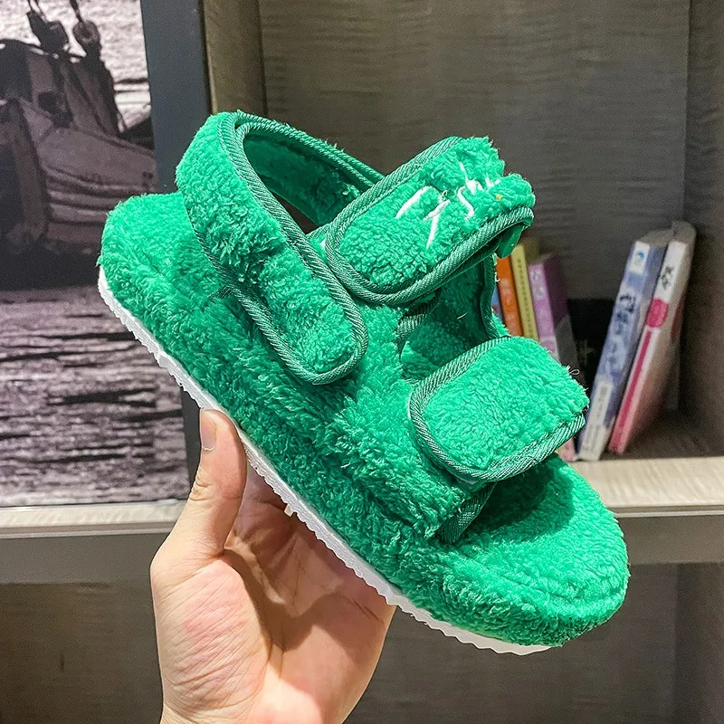 

2022 Fur Sandals Women Summer Thick Flat Slides Outdoor Sandals Girl Fashion Casual Beach Shoes Ladies Open-Toe Plus Size Shoes