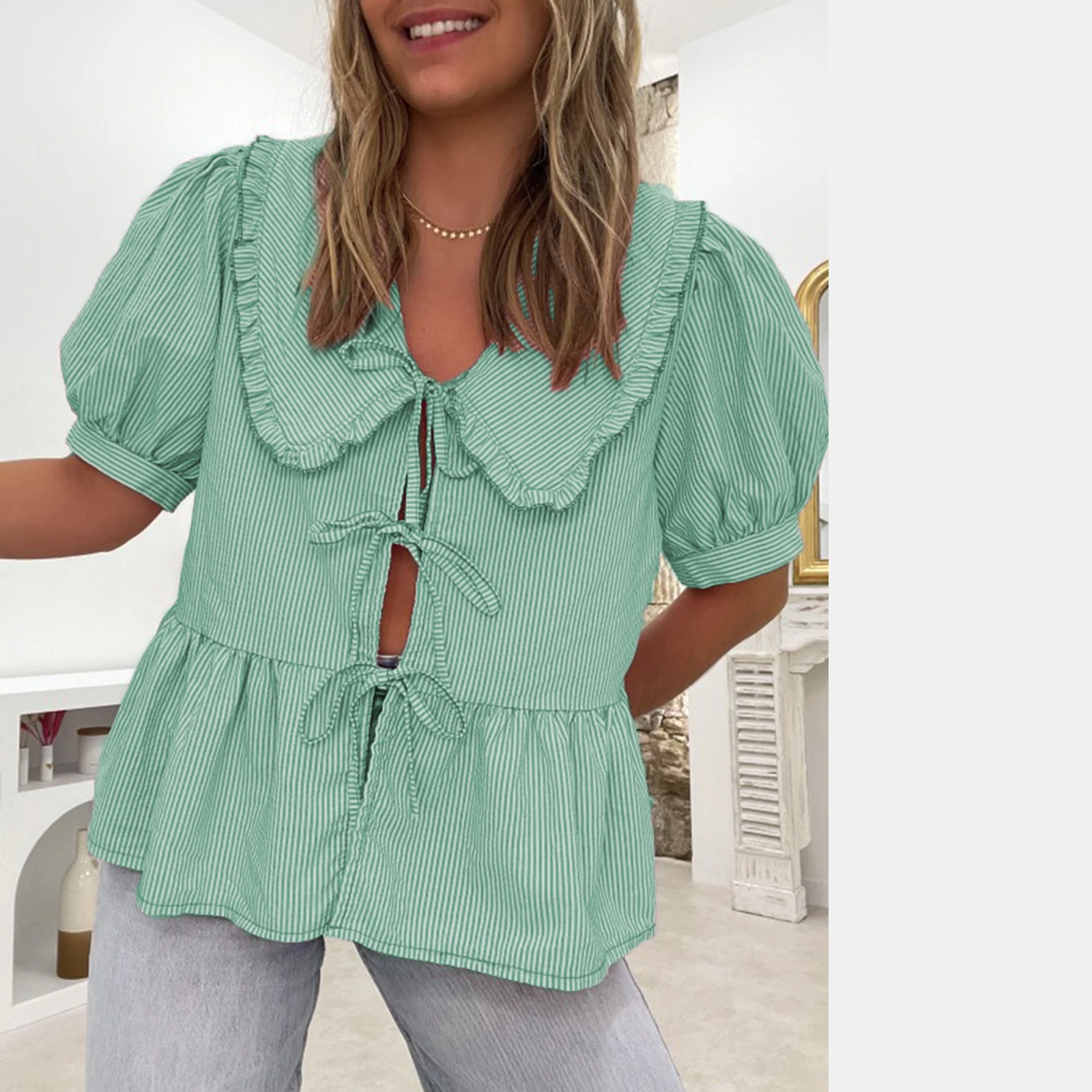 Женские полосатые топы Babydoll свободный кукольный воротник короткий рукав