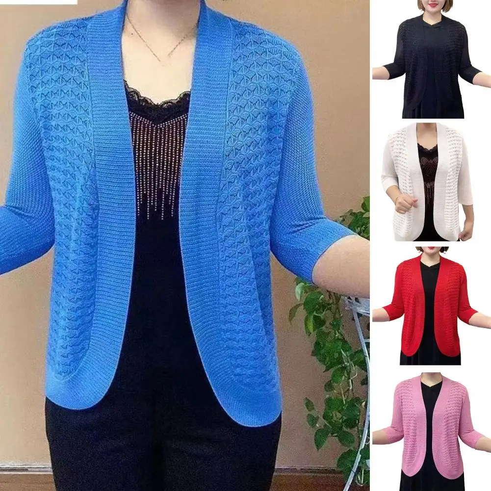 

Summer Thin Style Knitting Cardigan Long Sleeve Open Front Middle-Aged Elderly Mothers Shawl Hollow Sunscreen Coat