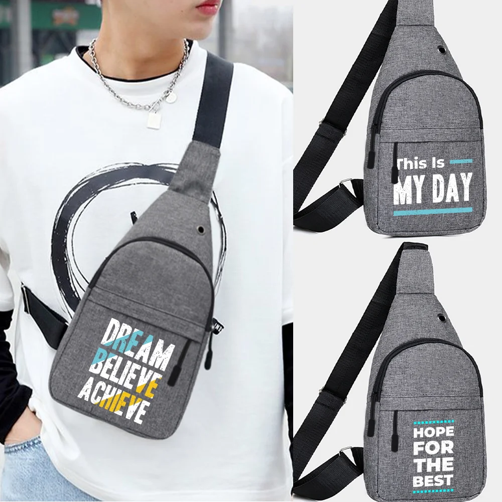 

Man Chest Bag Phone Pocket Cross Body Neck Side Shoulder Fanny Pack Fashion Phrase Print Small Handbag Outdoor Crossbody Gym Bag