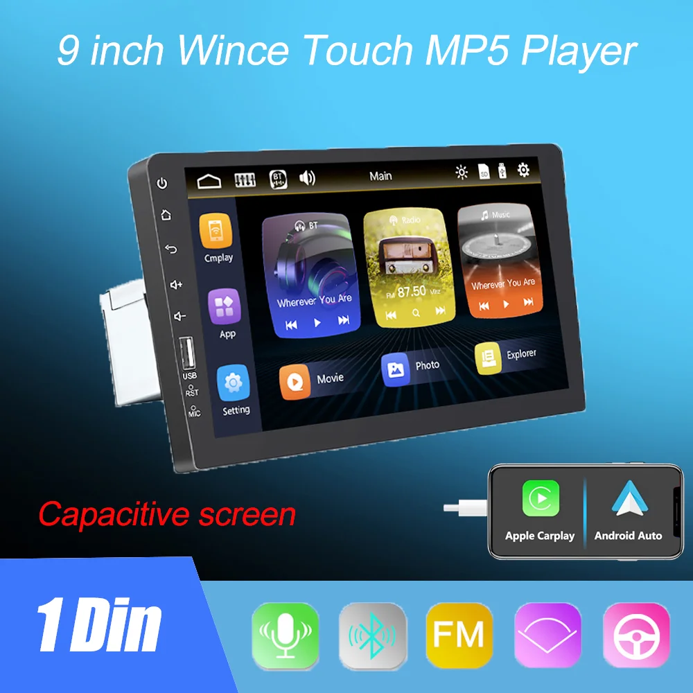 

9-дюймовый автомобильный стерео Мультимедийный Apple Carplay Android Авто 1 din авторадио FM Bluetooth USB задняя камера Вход Aux автомобильный радиоприемник
