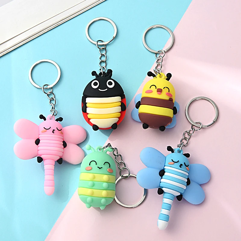 

5pcs Cartoon Soft Glue Three-dimensional Dragonfly Bee Keychain Cute Caterpillar Ladybug Little Simple Doll Keychain Pendant