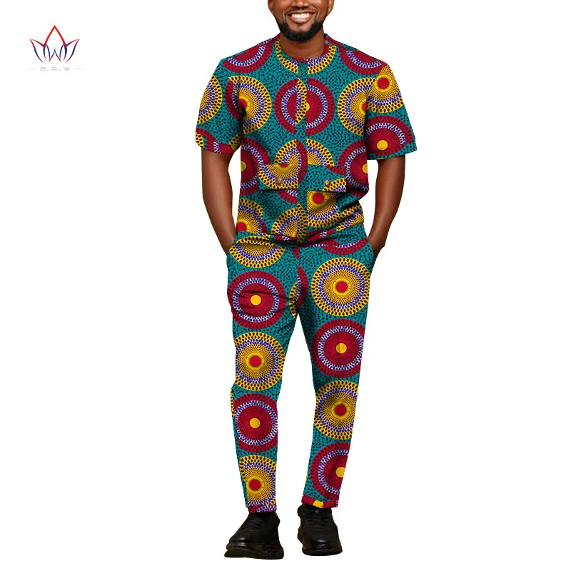 

Африканская одежда для мужчин, комплект из 2 предметов, рубашка с коротким рукавом и круглым вырезом с карманами и узкие брюки, мужские костюмы Дашики с принтом WYN1456