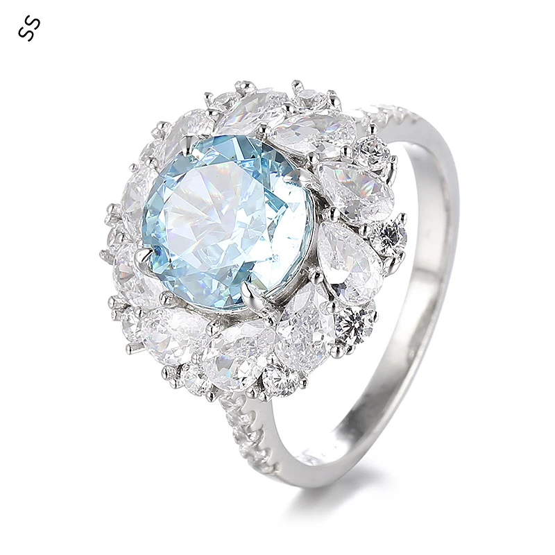 Round Shape Shiny Bling Women's Aquamarine Rings Ice Cut Crafts 925 Metal Circle for Gift