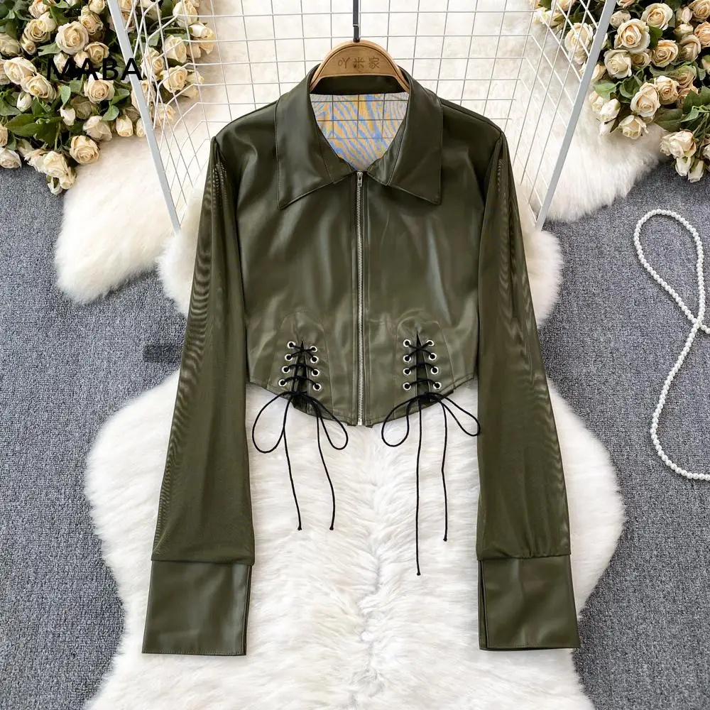 

Fashion Designer Luxury Shirts Women Spring Autumn Polo Neck Pu Mesh Patchwork Lace-up Zipper Y2k Slim Stretch Blouses Female