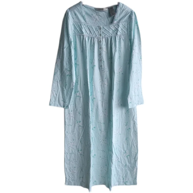 

Ladies Dress Nightgown Cotton Knit Lace Long Sleeve Home Nightdress Women Sleepwear Robe