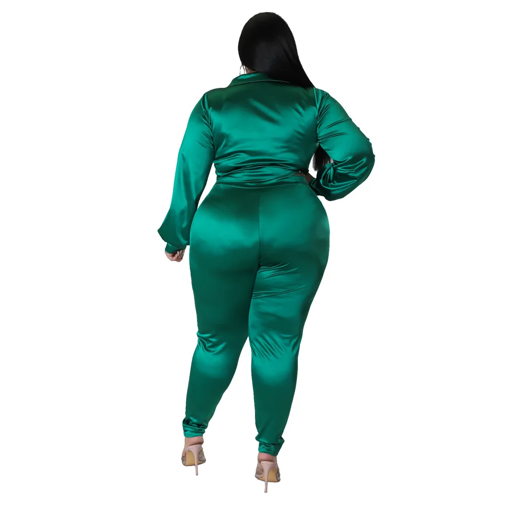 Plus Size Sets Solid Turn-down Collar Elastic Waist Set of Women's Clothing 2 Pieces Full Slim Fit Sexy Plus Size Two Piece Sets