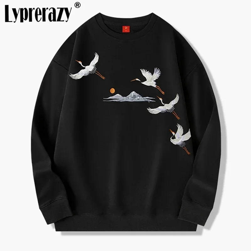 

Lyprerazy, новый национальный стиль, вышивка журавлей, мужской осенне-зимний хлопковый Свободный пуловер, топы