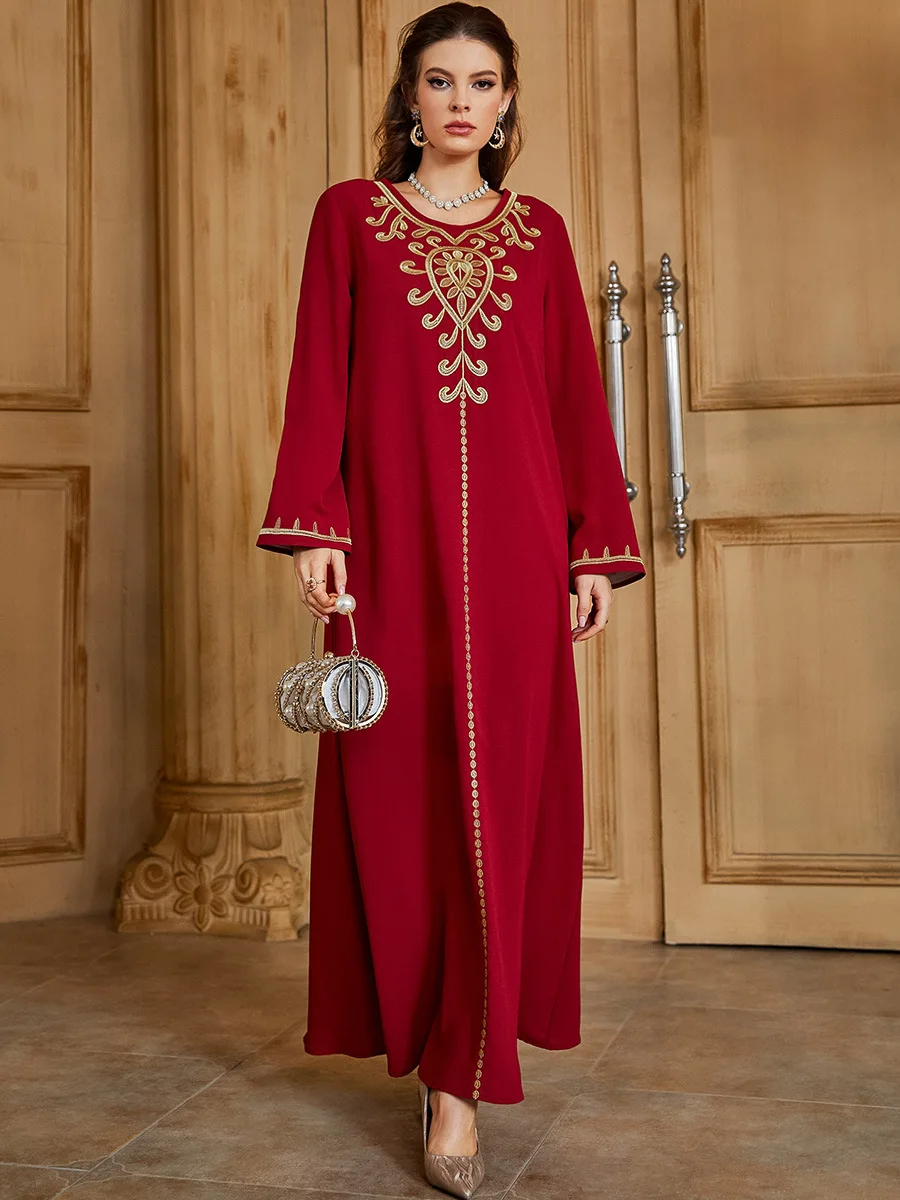 Рамадан Eid Djellaba Abaya Красная Вышивка Дубай мусульманское платье шелковое платье мусульманская абайя s WY754