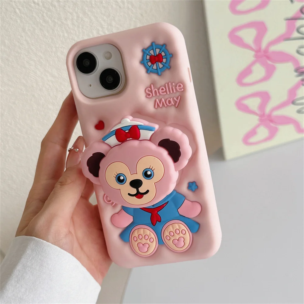 Фото Милый мультяшный чехол с медведем для iPhone 17, 16, 15 Plus, 14, 13, 12, 11, 16E, 17 Pro Max, с 3D-подставкой в виде Дэффи и Шерли Мэй №2