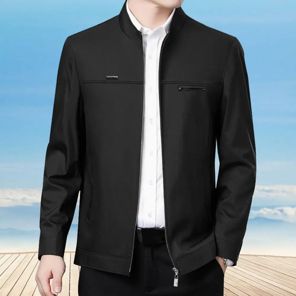 

Пальто для мужчин среднего возраста, стильное пальто с воротником-стойкой и гладкой застежкой-молнией в деловом стиле с карманами для тепла