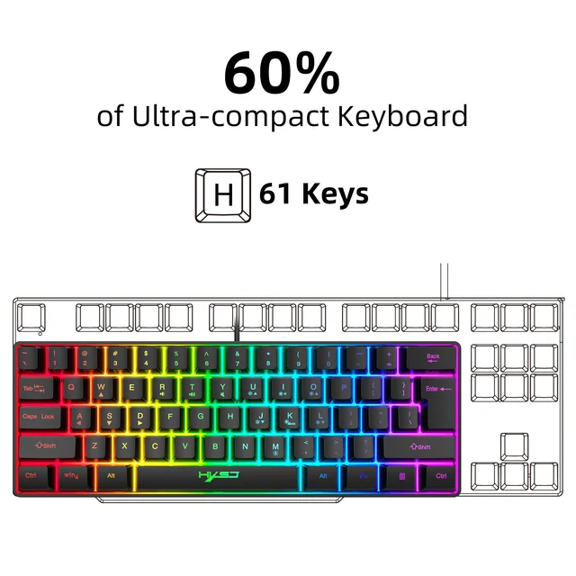 HXSJ Gaming Keyboard 61 Keys RGB Backlit 60% 60 Business Keyboard US Wired Wireless Bluetooth Mini Compact PC Gamer MAC PS4 2