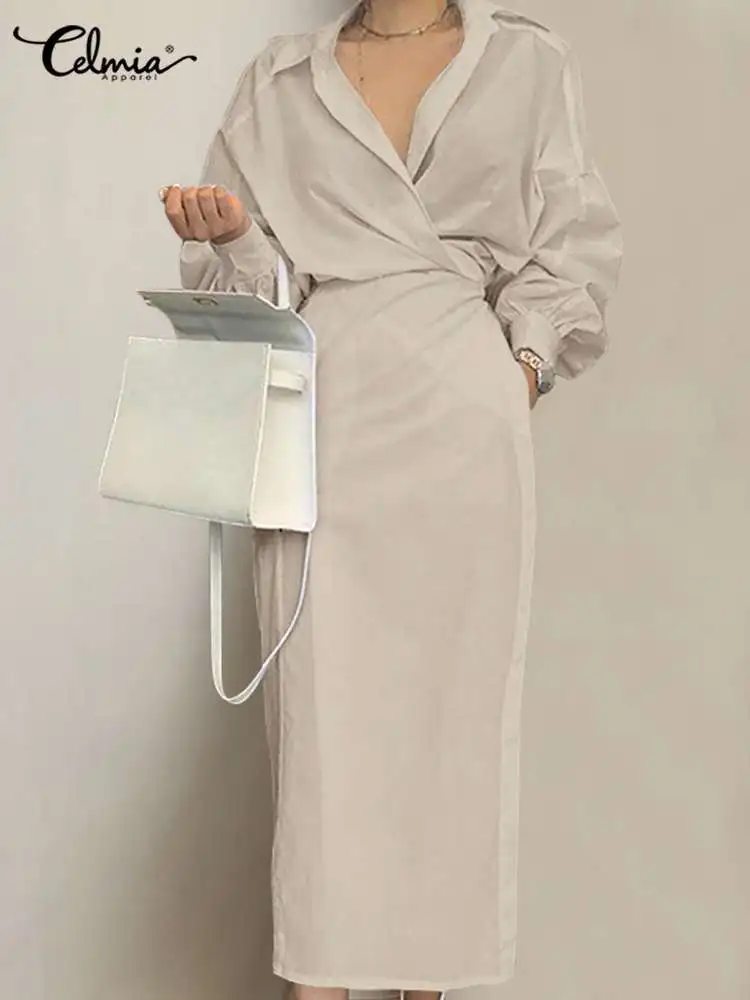 

Celmia Fashion Women Dress Long Sleeve Elegant Belted Elegant Office Dresses 2022 Autumn Casual Pleated Midi Vestidos Party Robe