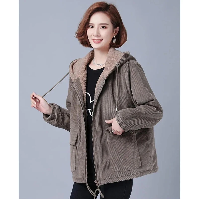2023 New Fashion Women Corduroy Jacket Female Velvet Thick Warm Coat Autumn Winter Casual Loose Hoodie Windbreaker Outerwear