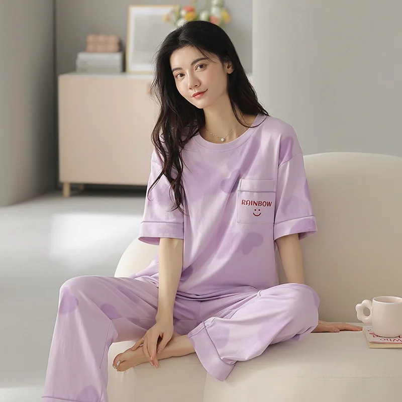 Pajamas for Women Summer Thin Cotton Short-sleeved Trousers Two-piece Suit Round Neck Cute Style Can Be Worn Outside Loungewear