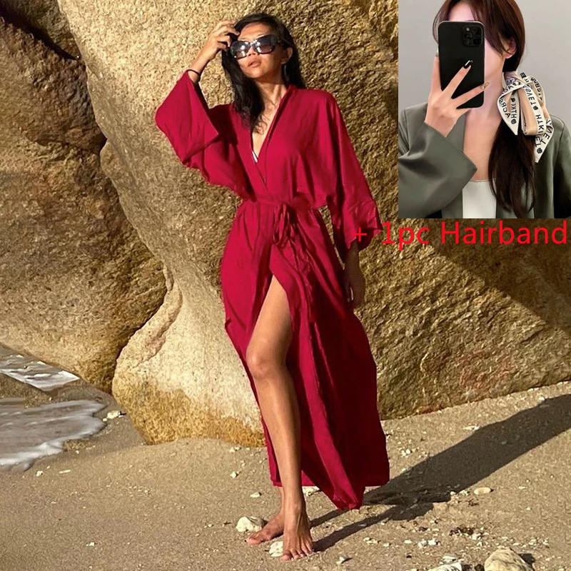 

Women Boho Clothing Beachwear Turkish Kaftans Long Swimsuit Cover Up Caftan Beach Dress with 1pc Hairband