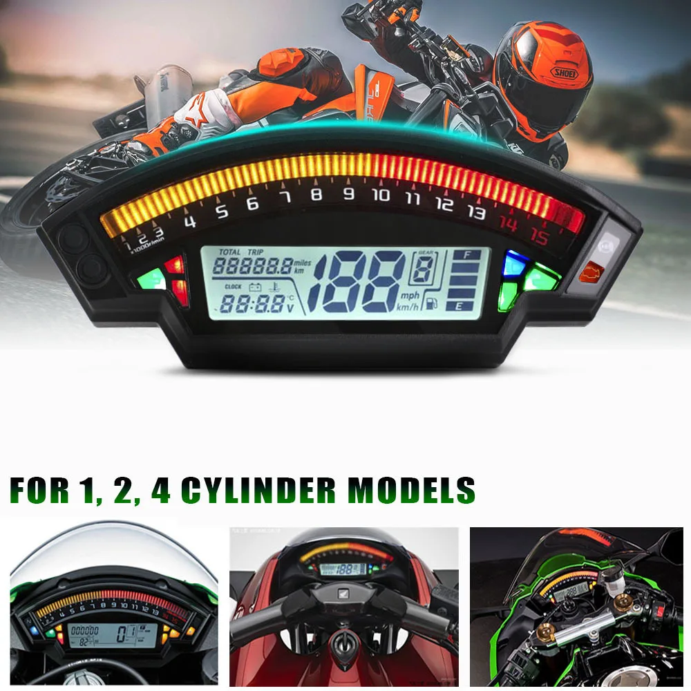 

Motorcycle Universal Tachometer Speedometer 14000RPM Gauge Tacho Meter Digital Odometer Instrument for 1 2 4 Cylinder Motorbike